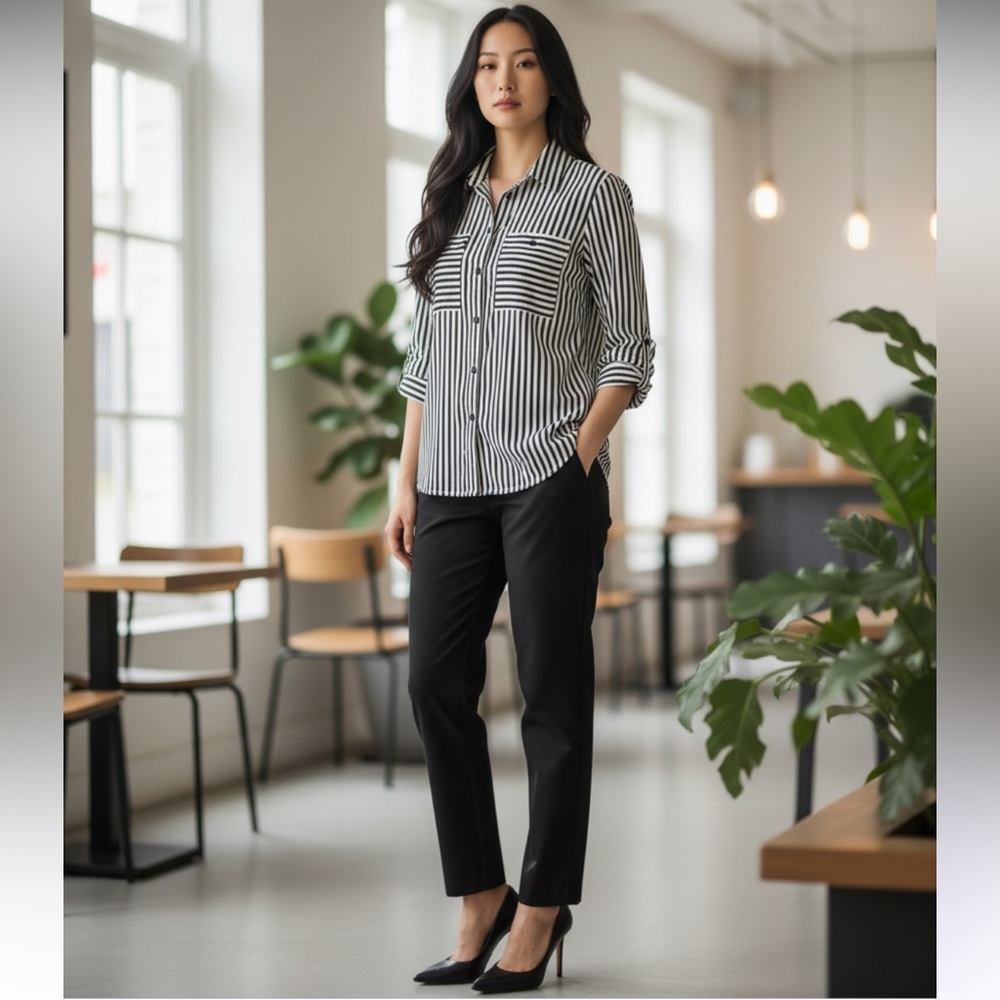 Elementz Black and white striped button up blouse. New!